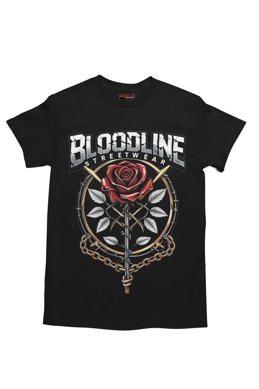 Black t-shirt with 'Bloodline Streetwear' design featuring a rose and sword on a white background